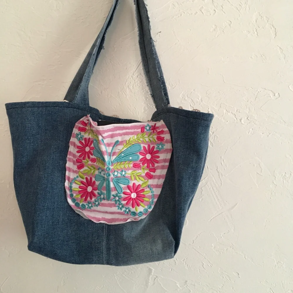 Denim Tote Bag Rose Gold Sequins Butterfly Patch